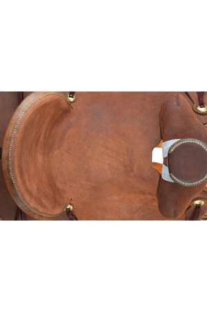 A brown leather saddle with rawhide accents and brass hardware, designed for ranch work with a deep seat and a large horn.