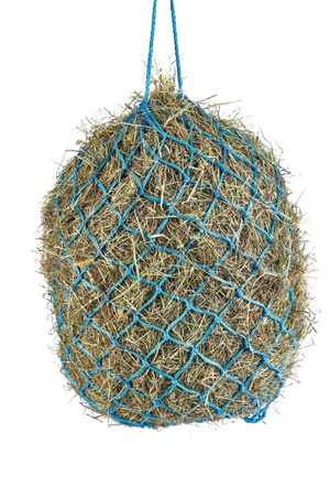 A blue haylage net filled with hay.