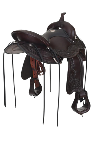 A brown Circle Y Julie Goodnight Wind River saddle with decorative tooling and a silver horn cap, designed for trail riding.