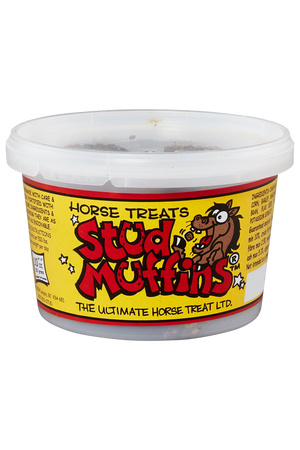 A tub of Stud Muffin horse treats with a label featuring an illustration of a horse and text detailing the product name and description.