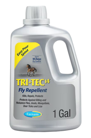 A plastic spray bottle labeled 'TRI TEC 14 Fly Repellent' by Farnam.