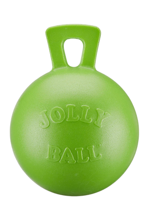 A green Jolly Ball with a handle designed for horse play.