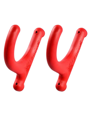 A pair of red Flex Hooks® designed for hanging items safely, capable of holding up to 5 pounds.
