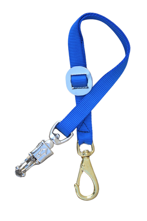 A royal blue nylon trailer tie with a bull snap on one end and a panic snap on the other.