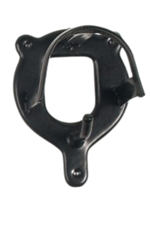 Metal coated bridle bracket with rein hook for wall mounting.