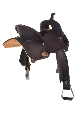A brown barrel saddle with a chocolate suede seat, turquoise stitching, copper and turquoise conchos, and aluminum stirrups.