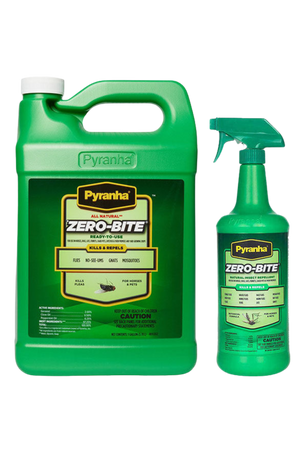 Two bottles of Pyranha Zero-Bite insect spray, one larger gallon-sized container and a smaller spray bottle, both green with product information and branding.