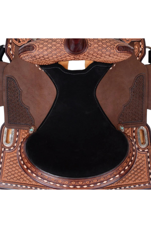 A brown Circle Y Montana barrel saddle featuring turquoise lightning bolt conchos and sparkling diamond tooling.