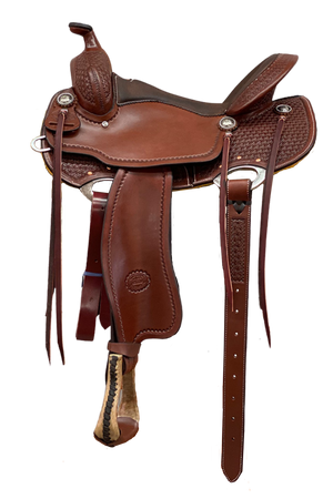 A brown Billy Cook BW Impact Gel Trail Saddle with pre-turned fenders and tooling.