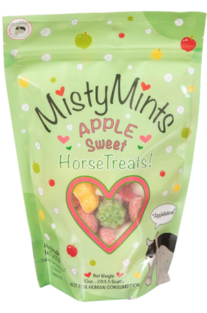 A package of MistyMints Horse Treats with a clear window showing the treats inside, in the shape of mint leaves, and a cartoon horse illustration on the front.