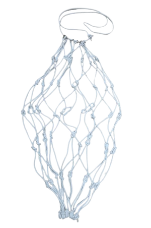 A collection of colorful cotton hay nets displayed horizontally in a gradient of colors ranging from red, blue, green, to yellow.