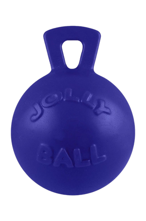 Dog toys designed to be thrown for retrieval, one red and one blue, with the text 'JOLLY BALL' embossed on them.