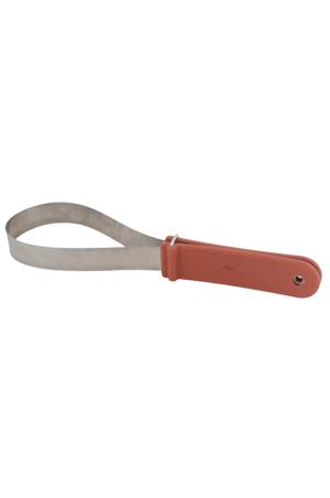 A stainless steel shedding blade with a red rubber handle.