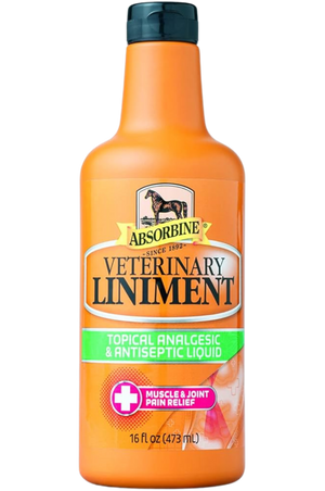 A bottle of Absorbine Veterinary Liniment with orange packaging and white label featuring product information.