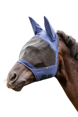 A horse wearing a blue full coverage net fly mask with soft fleece lining and micro mesh eye shield.
