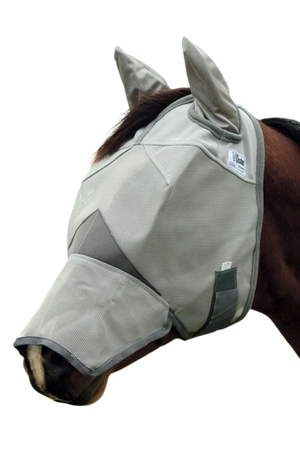 A beige horse fly mask covering the horse's eyes and nose with ears exposed.