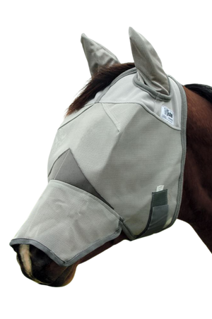 A beige horse fly mask covering the horse's eyes and nose with ears exposed.