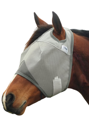 A gray horse fly mask covering the horse's eyes and head, with an open design at the front.