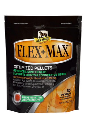 A package of ABSORBINE FLEX MAX PELLET 5LB for horse joint health, showing the product in a black and yellow bag.