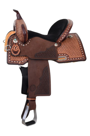 A brown Circle Y Montana barrel saddle featuring turquoise lightning bolt conchos and sparkling diamond tooling.