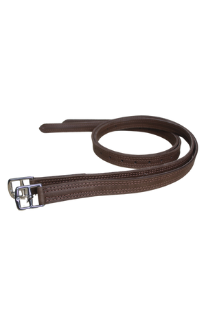 A brown exercise leather stirrup for horses, showing the side profile with reinforced stitching and a metal buckle.