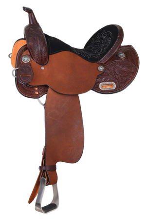 A brown Circle Y Dakota Barrel saddle with tooling details and a short round skirt designed for comfort in tight turns.