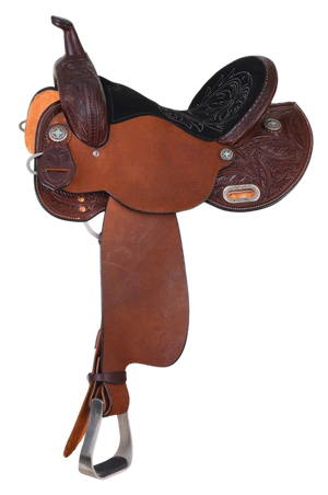 A brown Circle Y Dakota Barrel saddle with tooling details and a short round skirt designed for comfort in tight turns.