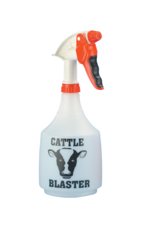 A white spray bottle with black cattle blaster graphic and a red trigger.