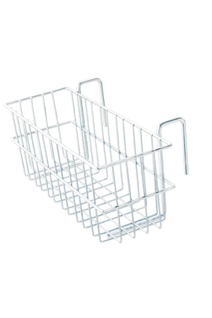 A narrow steel wire basket with a zinc plated finish, designed for organizing items in a stable or store setting.