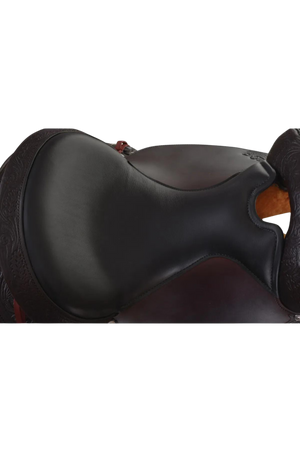 A trail saddle with a double padded seat, floral tooling, and stainless steel hardware.