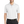 A man wearing a white short-sleeved performance polo shirt with a collar, a 3-button placket, and black pants.