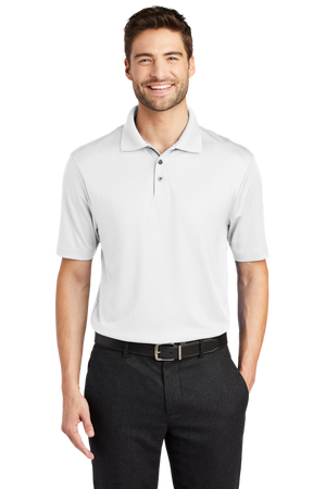 A man wearing a white short-sleeved performance polo shirt with a collar, a 3-button placket, and black pants.