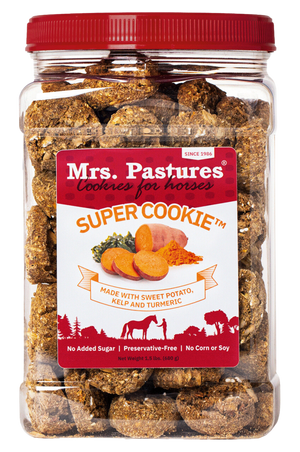 A plastic jar containing horse cookies with the label 'Mrs. Pastures Super Cookie' on the front.