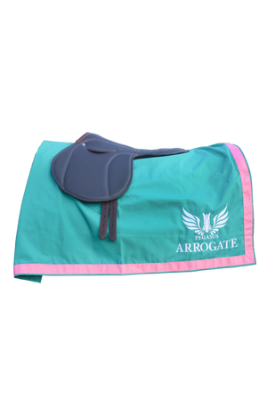 A custom saddle towel with blue, white, and pink colors, featuring embroidery on the sides.