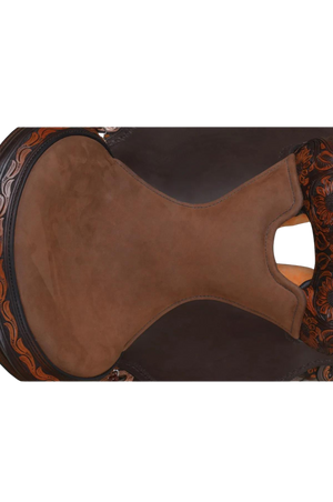 A brown western saddle with sunflower hand-tooling and turquoise patina copper berry hardware.