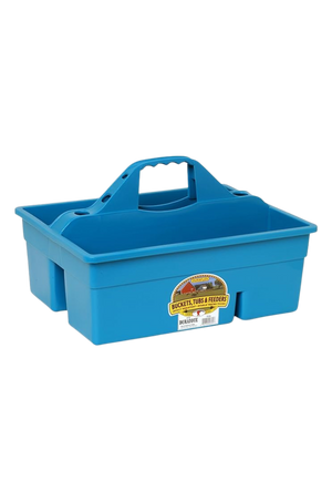 A large plastic tote box with multiple compartments and an easy-grip handle.