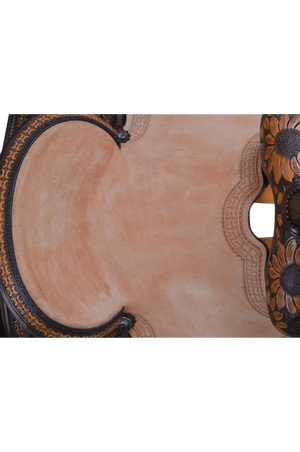 A brown western saddle with sunflower design and custom border tooling, including a matching flank cinch, made by Circle Y.