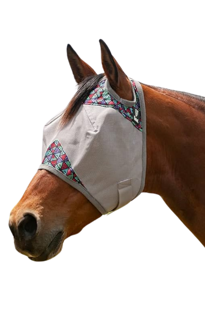 A gray horse fly mask covering the horse's eyes and head, with an open design at the front.