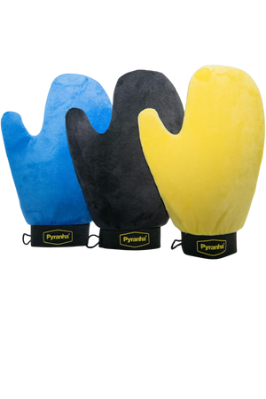 Three gloves in blue, black, and yellow colors, designed for horse uses to jewelry, displayed against a white background.