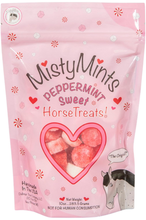 A package of MistyMints Horse Treats with a clear window showing the treats inside, in the shape of mint leaves, and a cartoon horse illustration on the front.