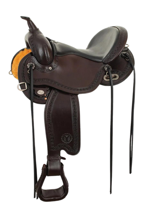 A brown and black Circle Y South Mountain Flex 2 Trail saddle with a short skirt designed for short-backed horses.