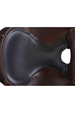 A brown Circle Y Little River Trail Saddle with a double padded seat, felt-lined skirt, stainless steel rings, and easy-care fleece.