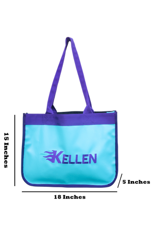 A red and blue paddock bag with a large yellow horseshoe logo on the front and purple straps.