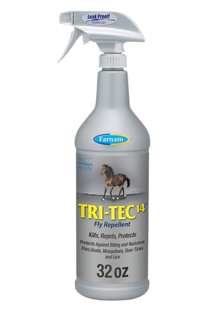 A plastic spray bottle labeled 'TRI TEC 14 Fly Repellent' by Farnam.