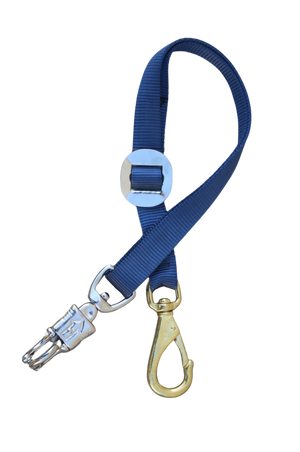 A navy blue nylon trailer tie with a bull snap on one end and a panic snap on the other.