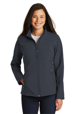 softshell jacket with a zip-through cadet collar, chin guard, and front zippered pockets.