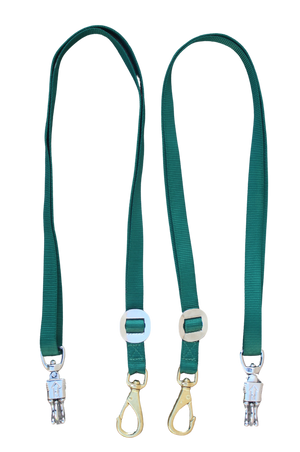 A pair of hunter green nylon cross ties with metal clasps and buckles.