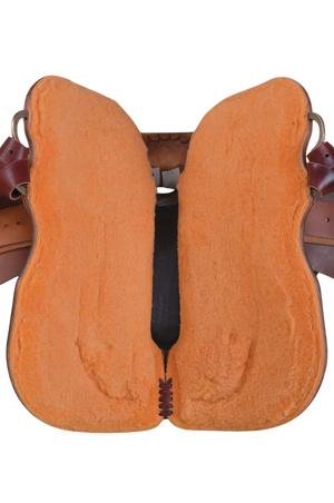 A brown leather saddle with rawhide accents and brass hardware, designed for ranch work with a deep seat and a large horn.