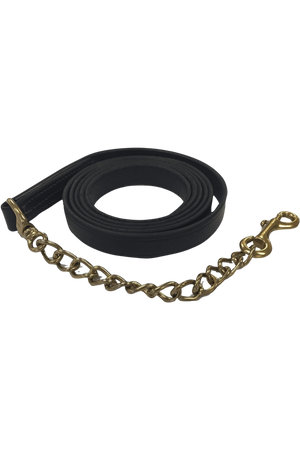 A leather shank with a metal chain link, typically used as part of a horse bit.