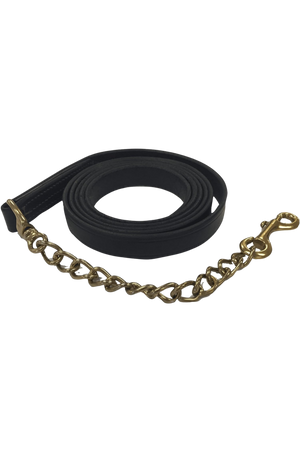 A leather shank with a metal chain link, typically used as part of a horse bit.